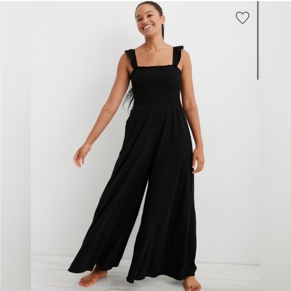 aerie Pants - Aerie Smocked Wide Leg Jumpsuit Size Small Black